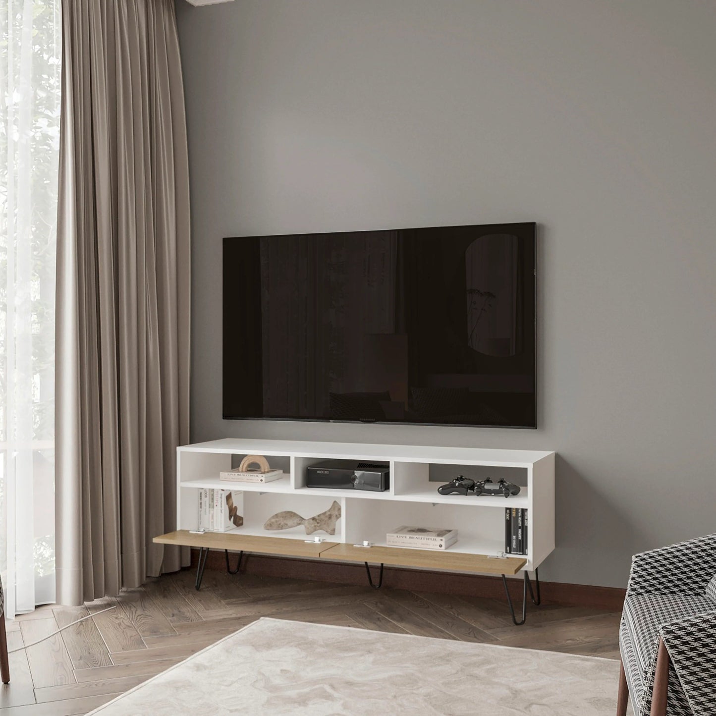 65 Inch White Natural Oak TV Stand with Shelves for Living Room