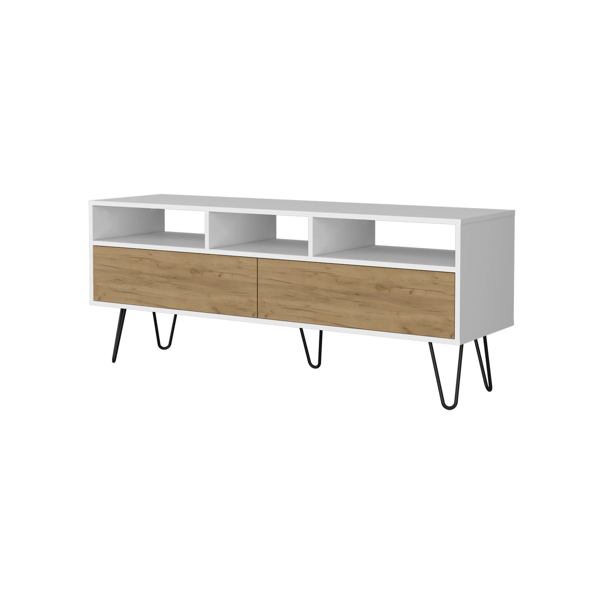 65 Inch White Natural Oak TV Stand with Shelves for Living Room