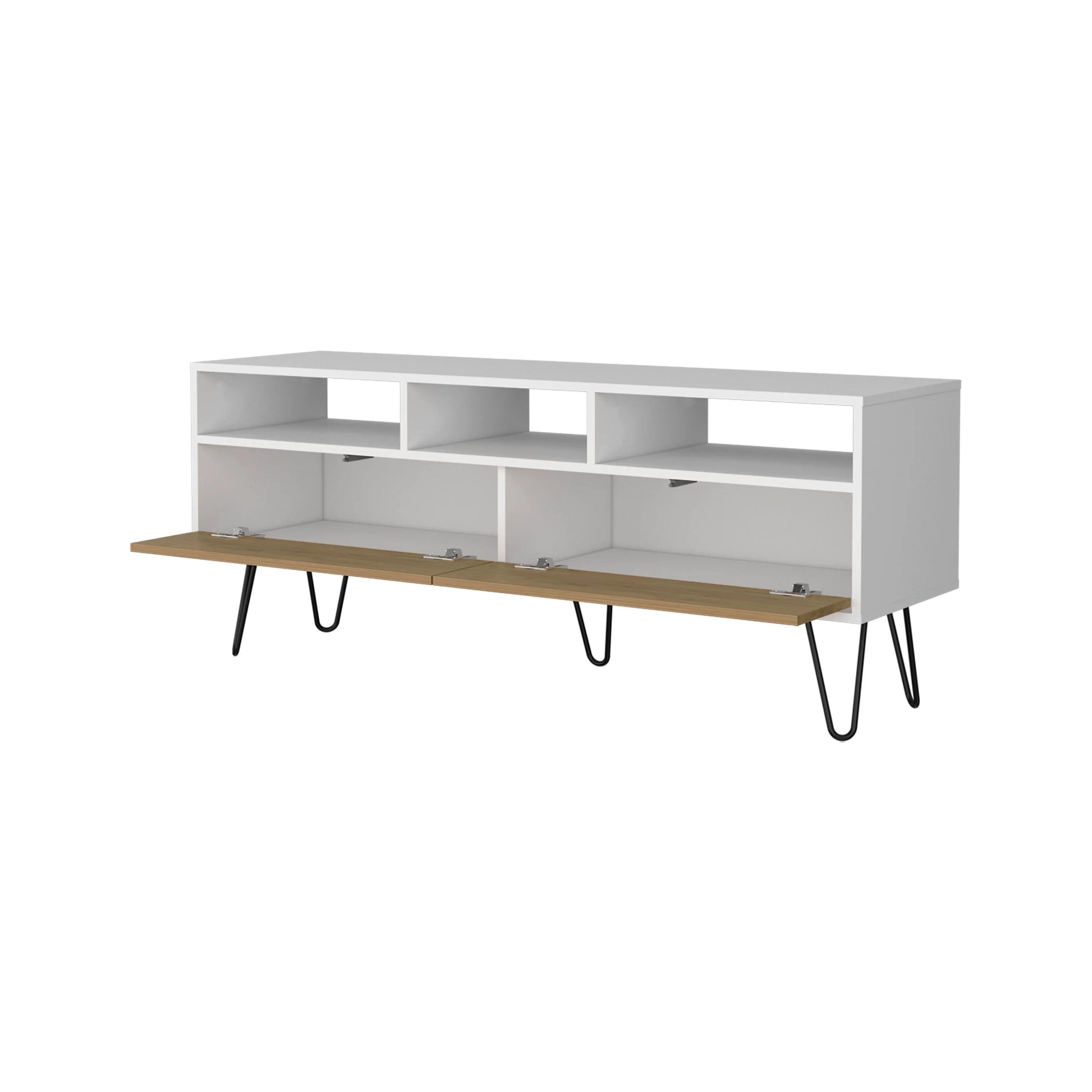 65 Inch White Natural Oak TV Stand with Shelves for Living Room