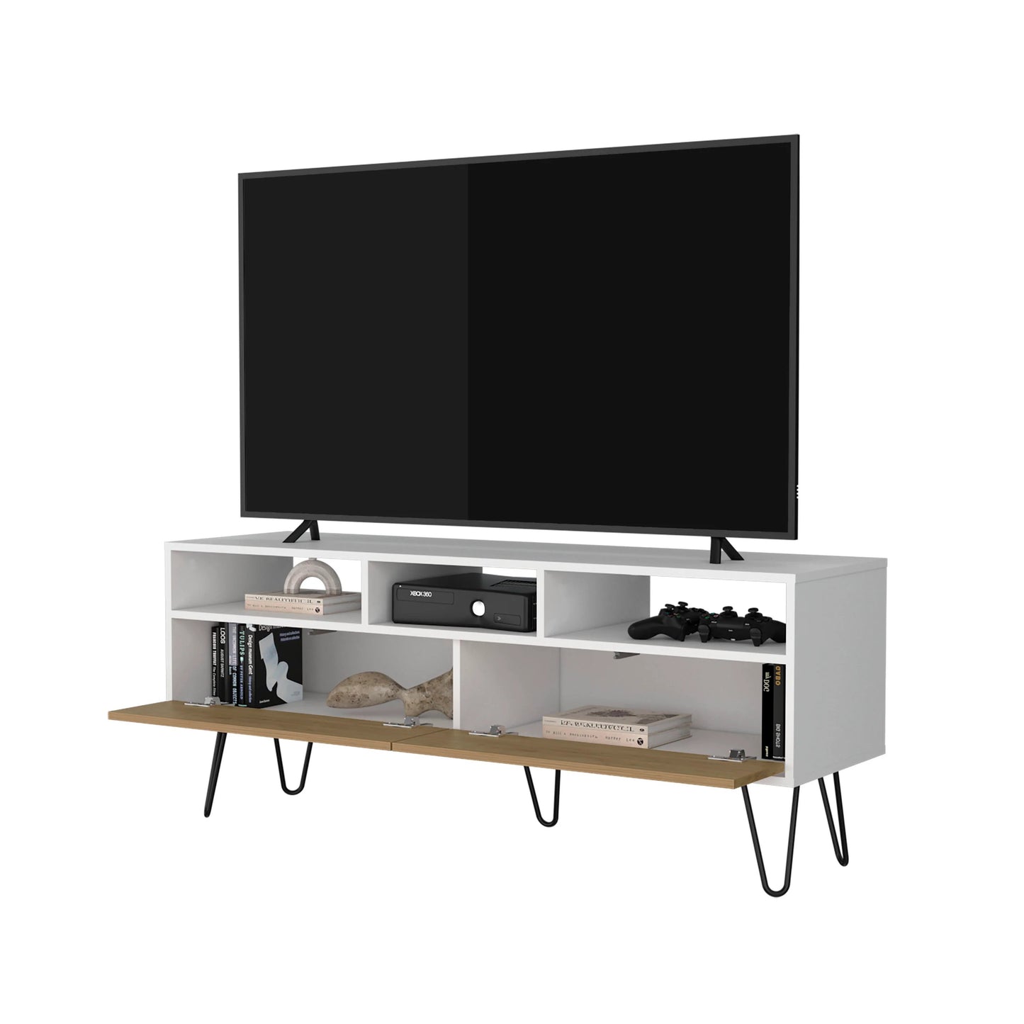 65 Inch White Natural Oak TV Stand with Shelves for Living Room
