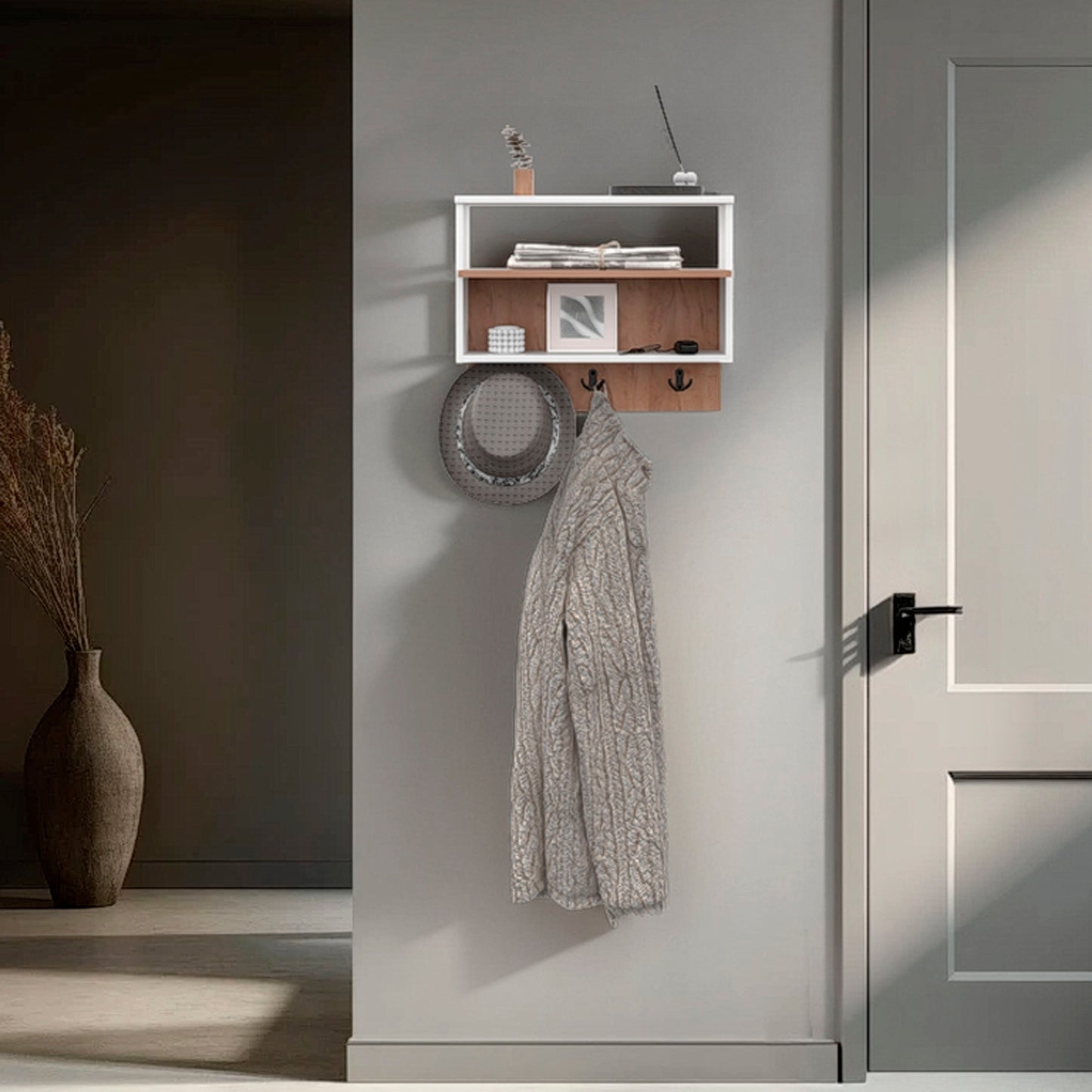 White and Natural Oak Wall-mounted Organizer with Open Storage