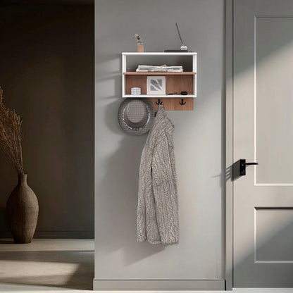 White and Natural Oak Wall-mounted Organizer with Open Storage