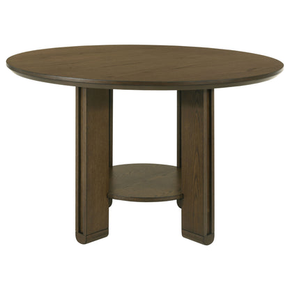 Round Brown Rubberwood Dining Table with Open Storage Shelf