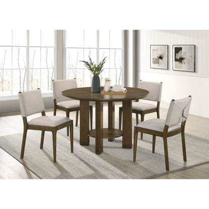 Round Brown Rubberwood Dining Table with Open Storage Shelf