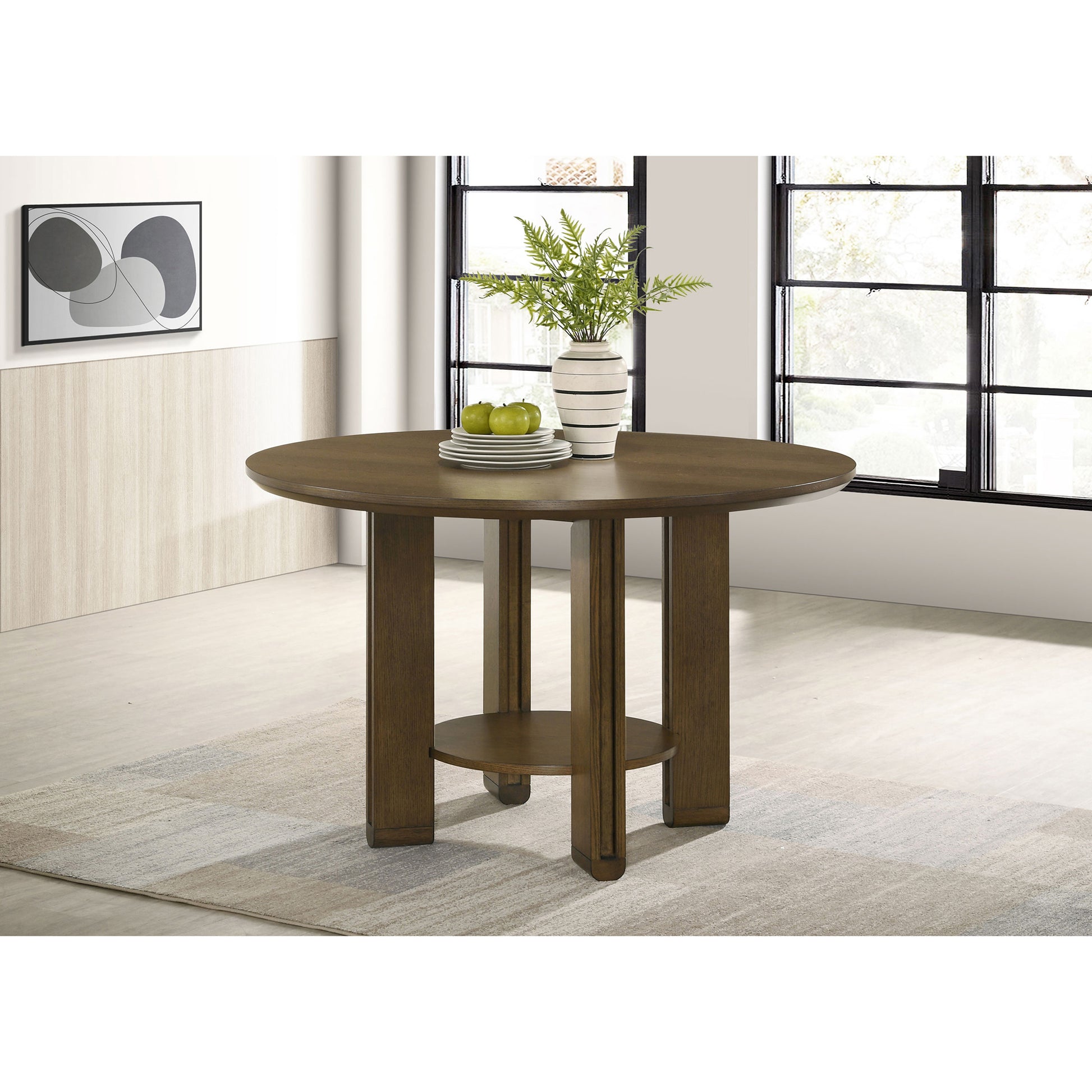 Crispin Brown Round Wood Dining Table with Shelf