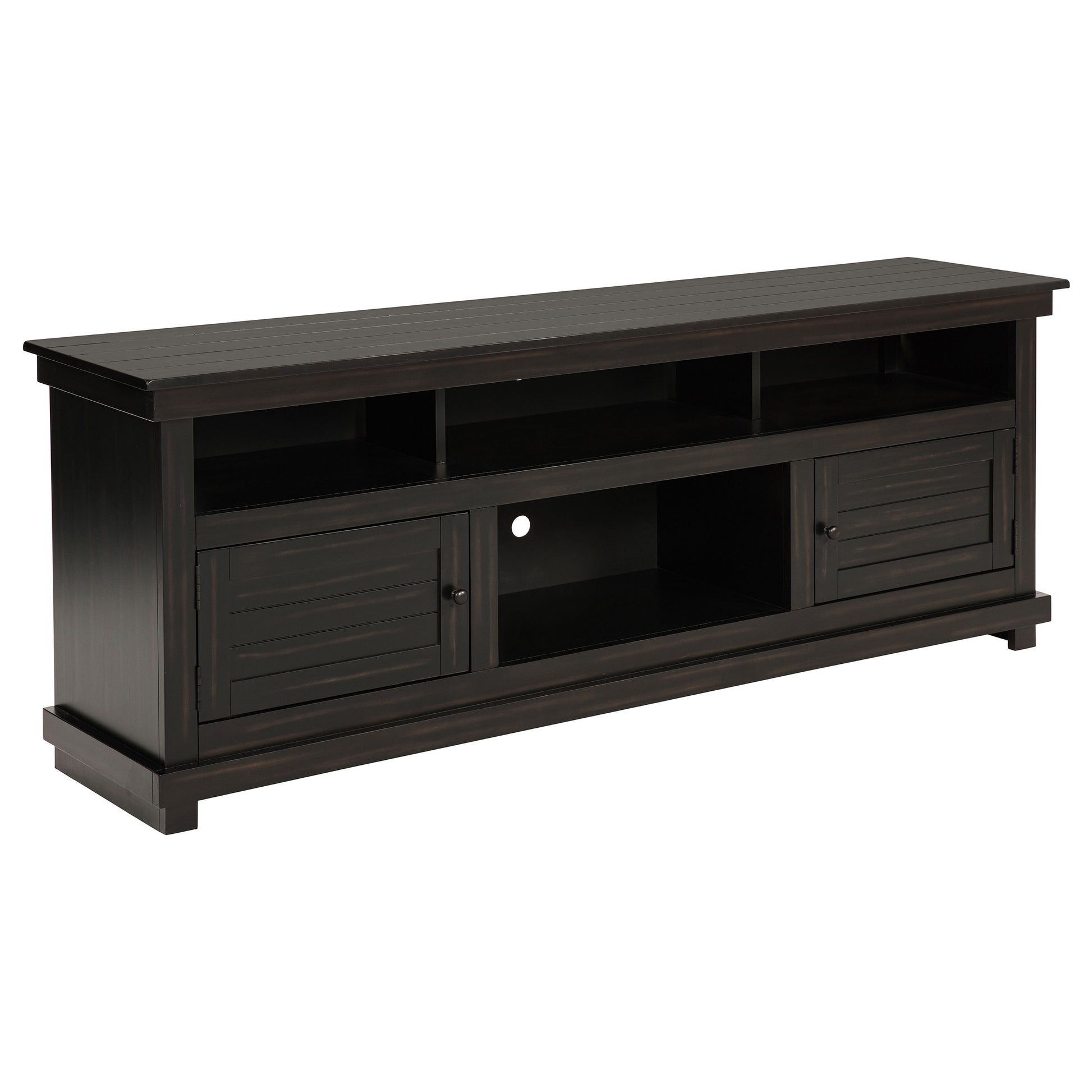 Farmhouse TV Console with Storage, Distressed Brown Pine Wood for Living Room