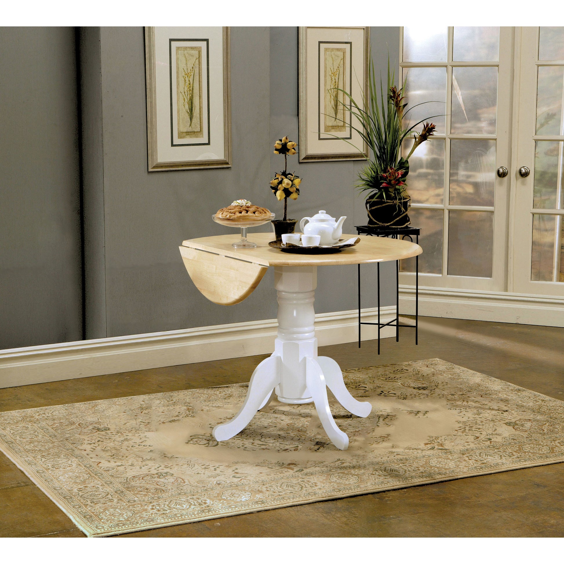 Natural Brown and White Round Dining Table with Drop Leaf