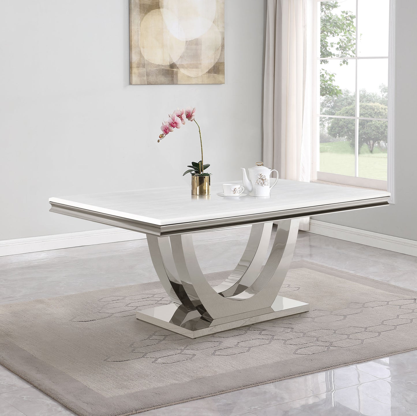 Allessandra White and Chrome Rectangular U-Shaped Base Dining Table