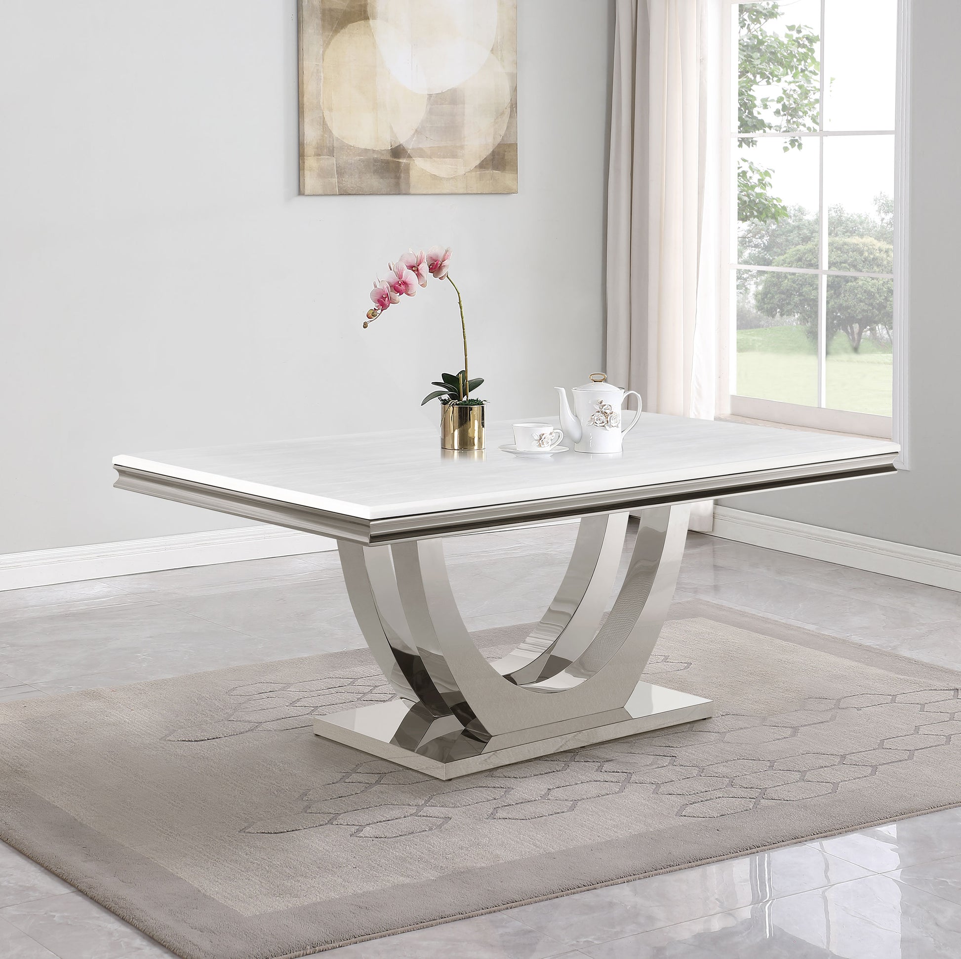 Allessandra White and Chrome Rectangular U-Shaped Base Dining Table