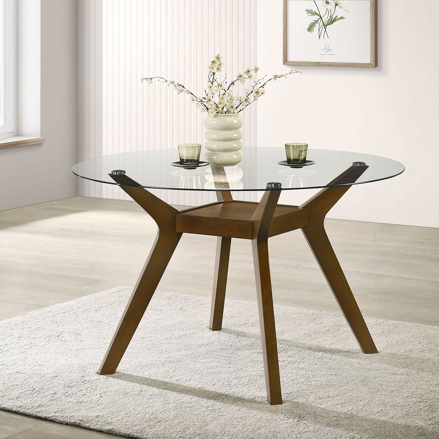 Flynn Brown Round Glass Top Wood Dining Table