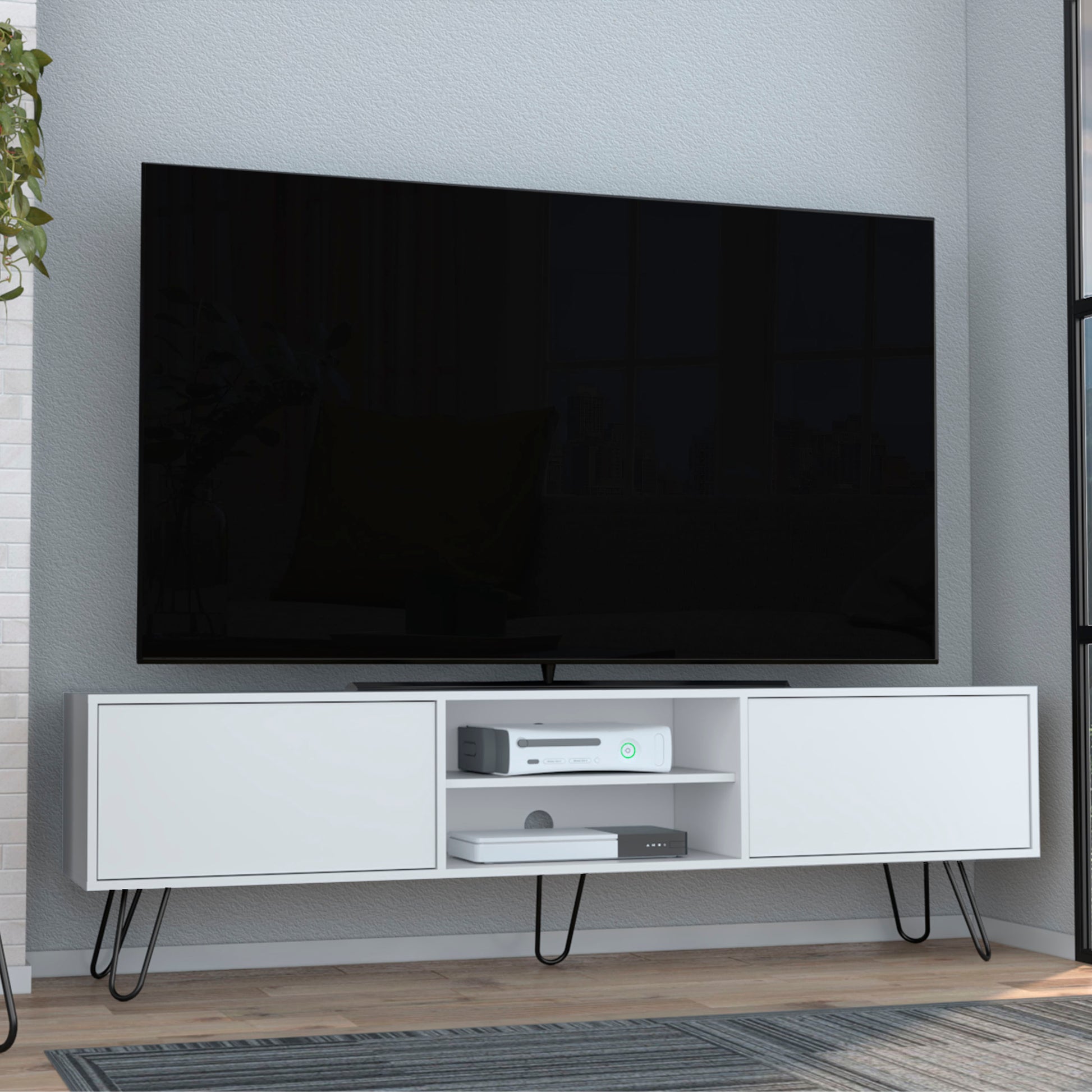 Vassel TV Stand, Entertainment Unit with Hinged Drawers and Hairpin Legs