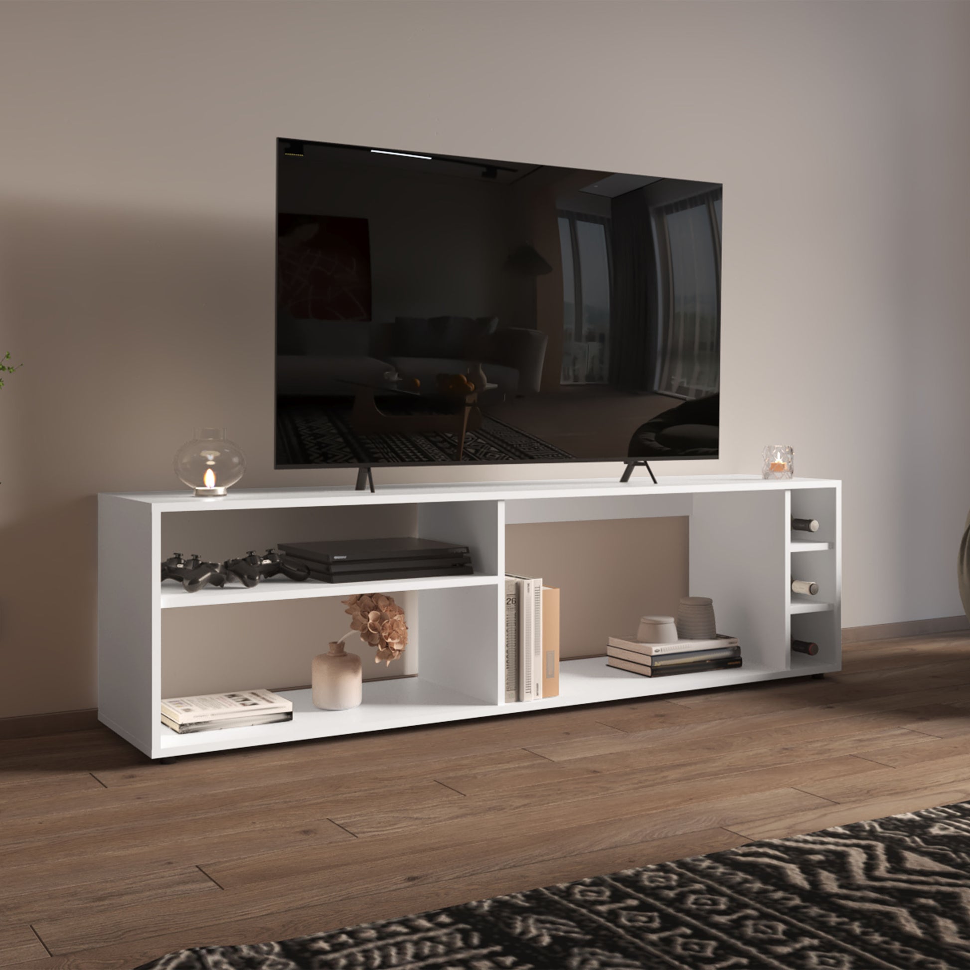 Suxta 63" Wide Tv Stand with Three Open Shelves and Three Bottle Cubbies, Cable Management, Bar Tv Stand, Living Room, Tv Room