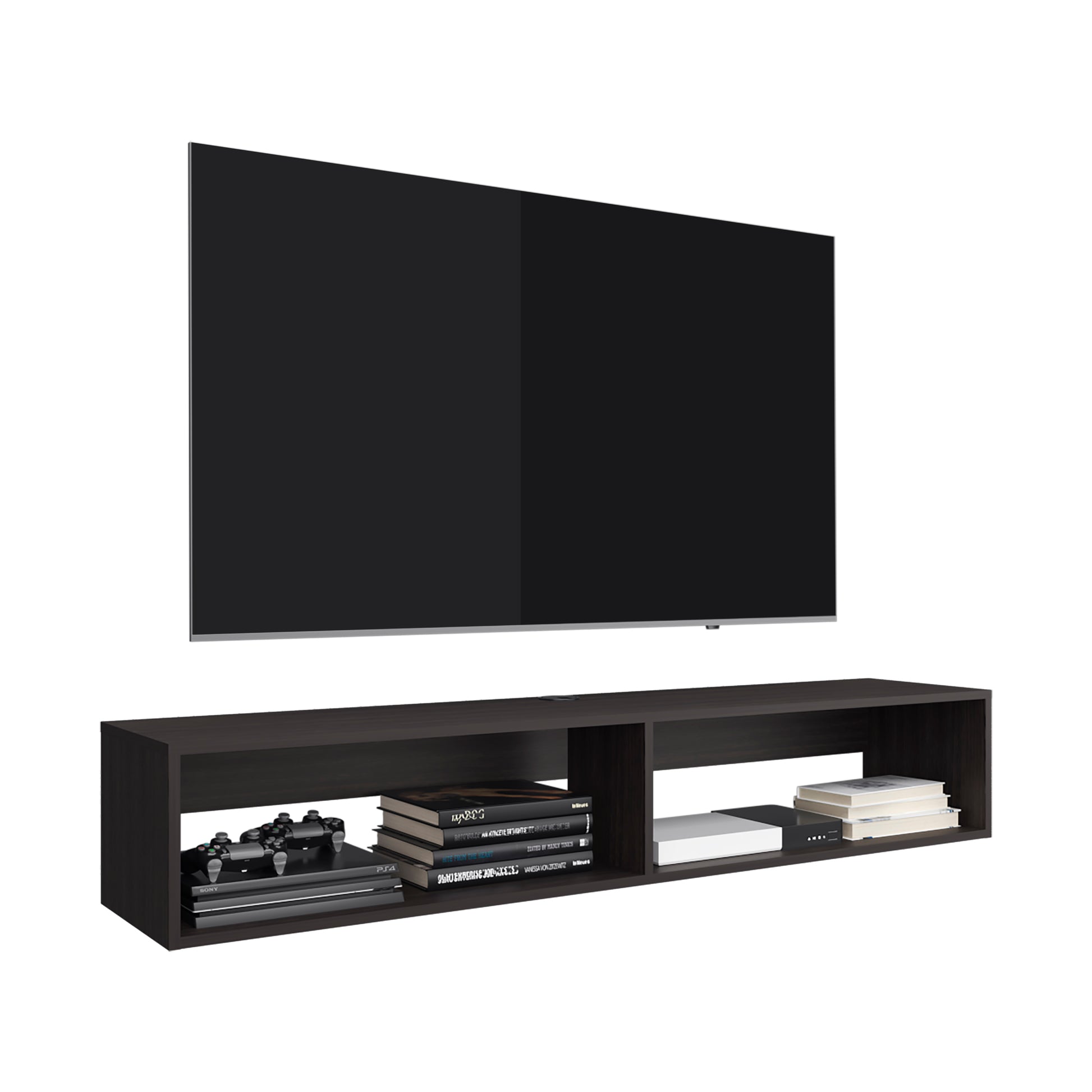 59" Dark Walnut Floating TV Stand with Storage Shelves for Living Room