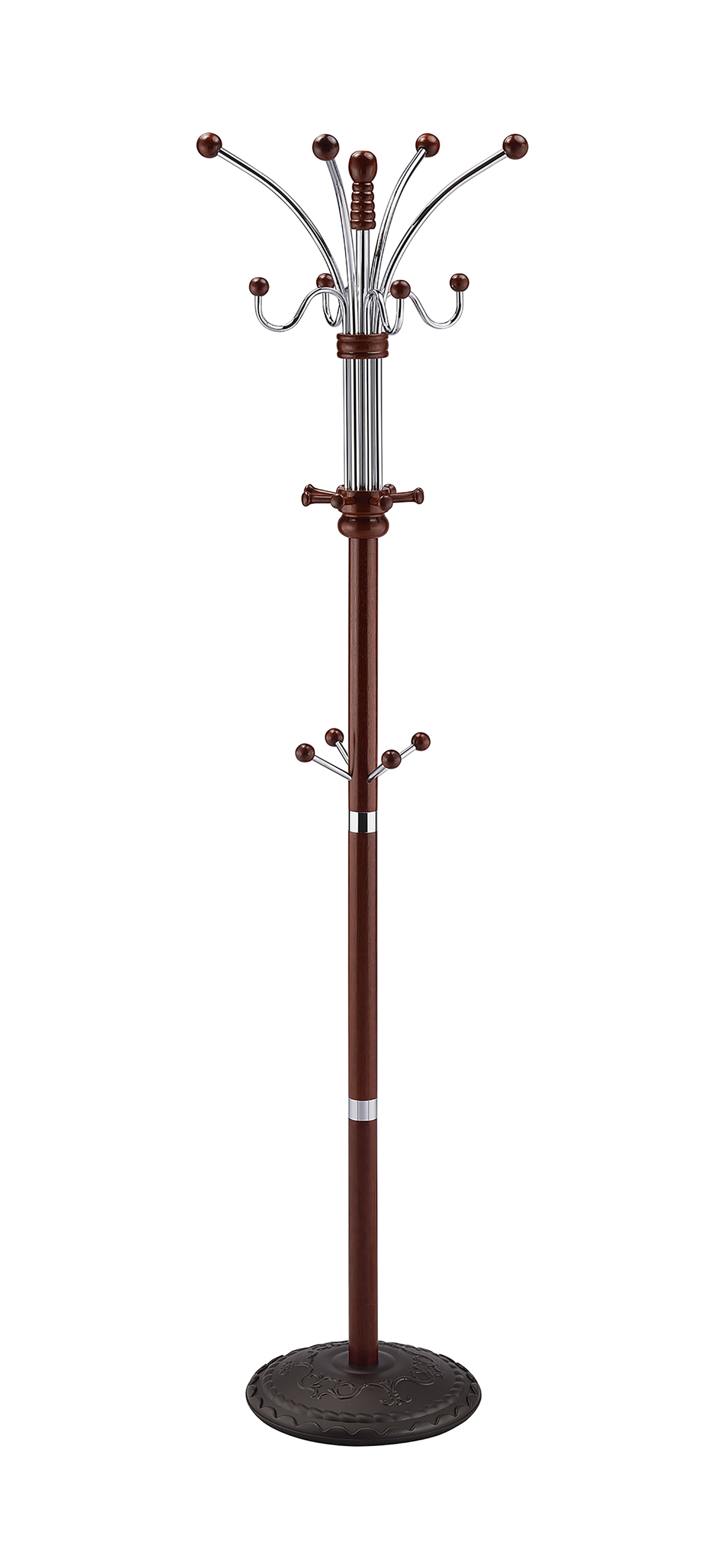 73" Tall Chrome and Wood Coat Rack, Cherry finish
