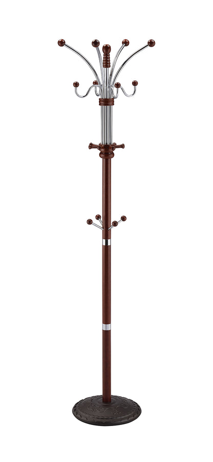 73" Tall Chrome and Wood Coat Rack, Cherry finish