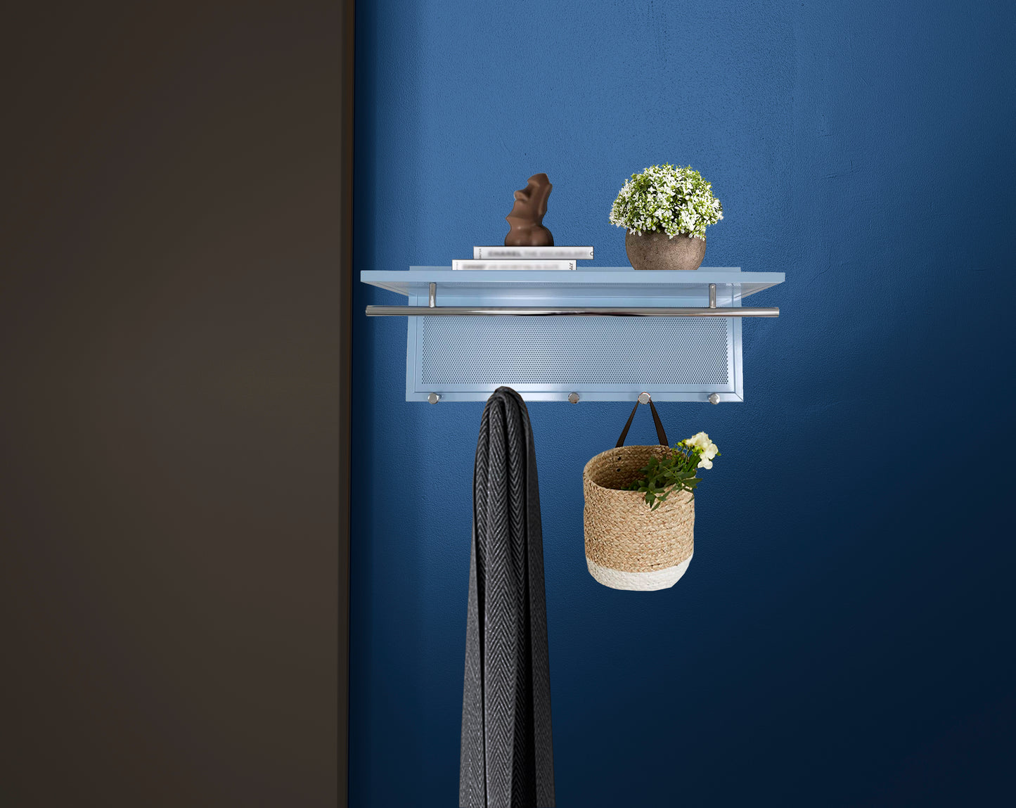 Esyspot Metal Powder Coating Hook Wall Mounted with Shelf In Blue