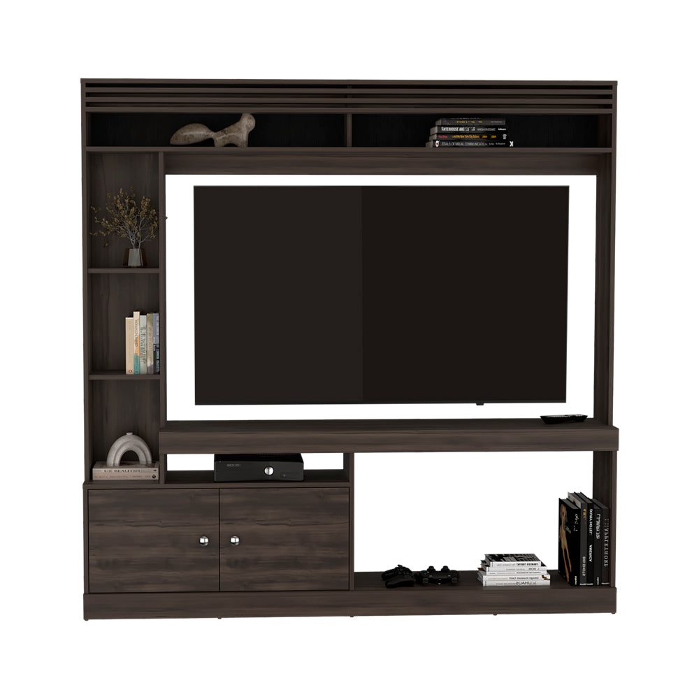 Dark Walnut TV Stand with Storage Shelves for Living Room