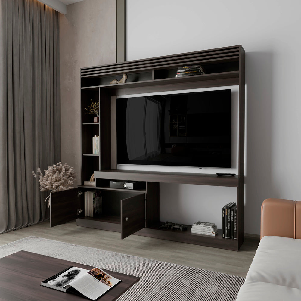 Dark Walnut TV Stand with Storage Shelves for Living Room