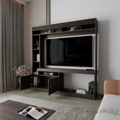 Dark Walnut TV Stand with Storage Shelves for Living Room