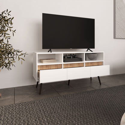 White & Natural Engineered Wood TV Stand - 3 Drawers, 23.6"W for Living Room