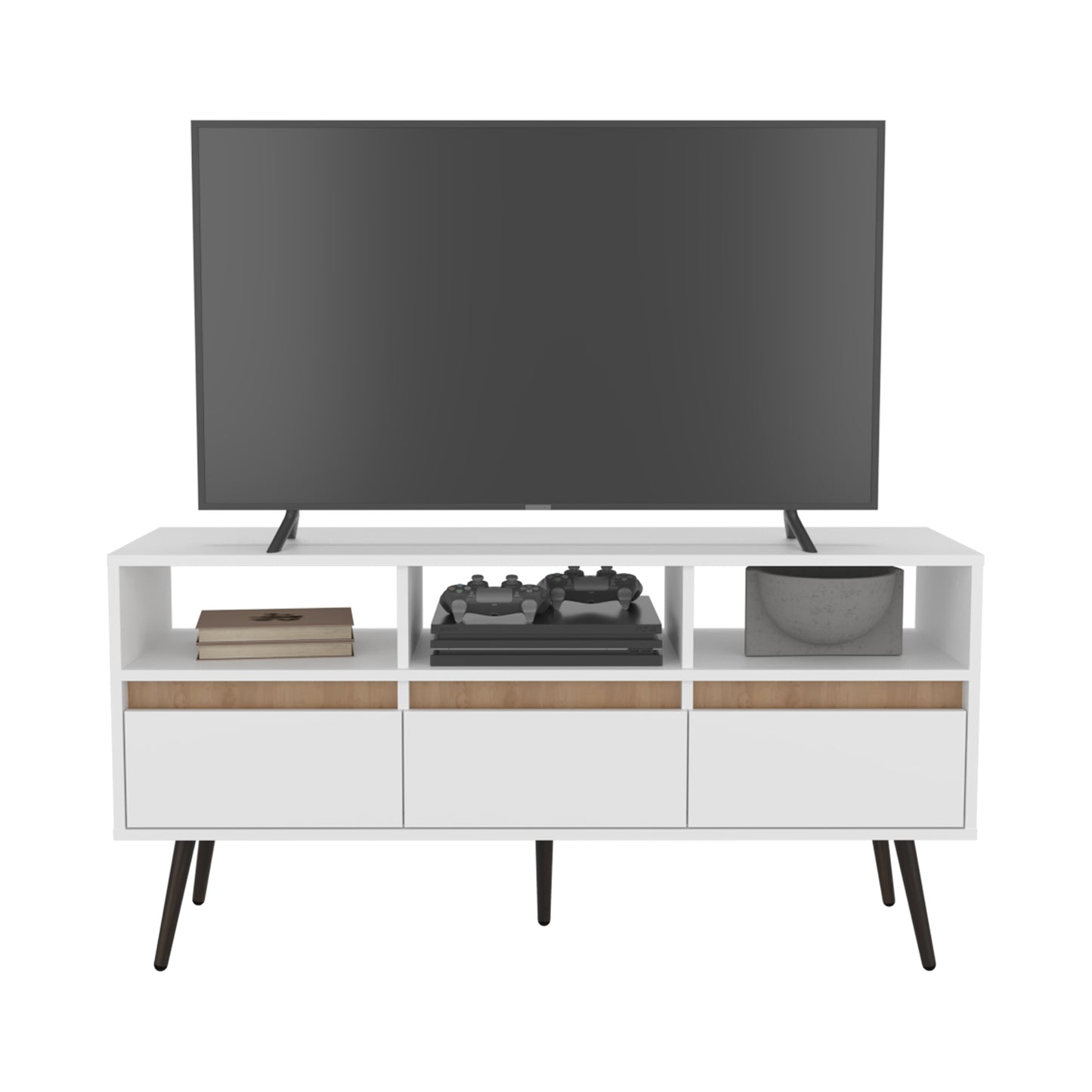 White & Natural Engineered Wood TV Stand - 3 Drawers, 23.6"W for Living Room