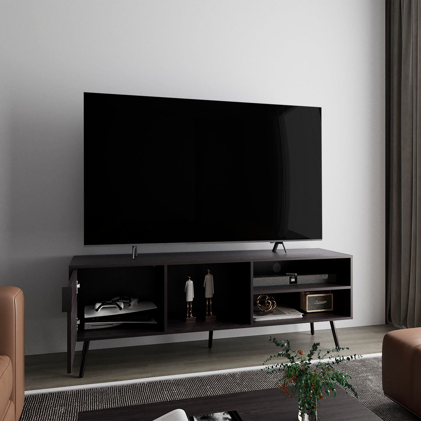 65-Inch Black Modern TV Stand with Storage