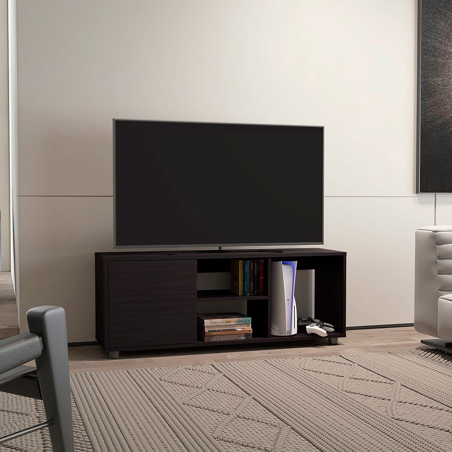 Tv Stand, 1 Door, 4 Shelves, 55" TV Capacity