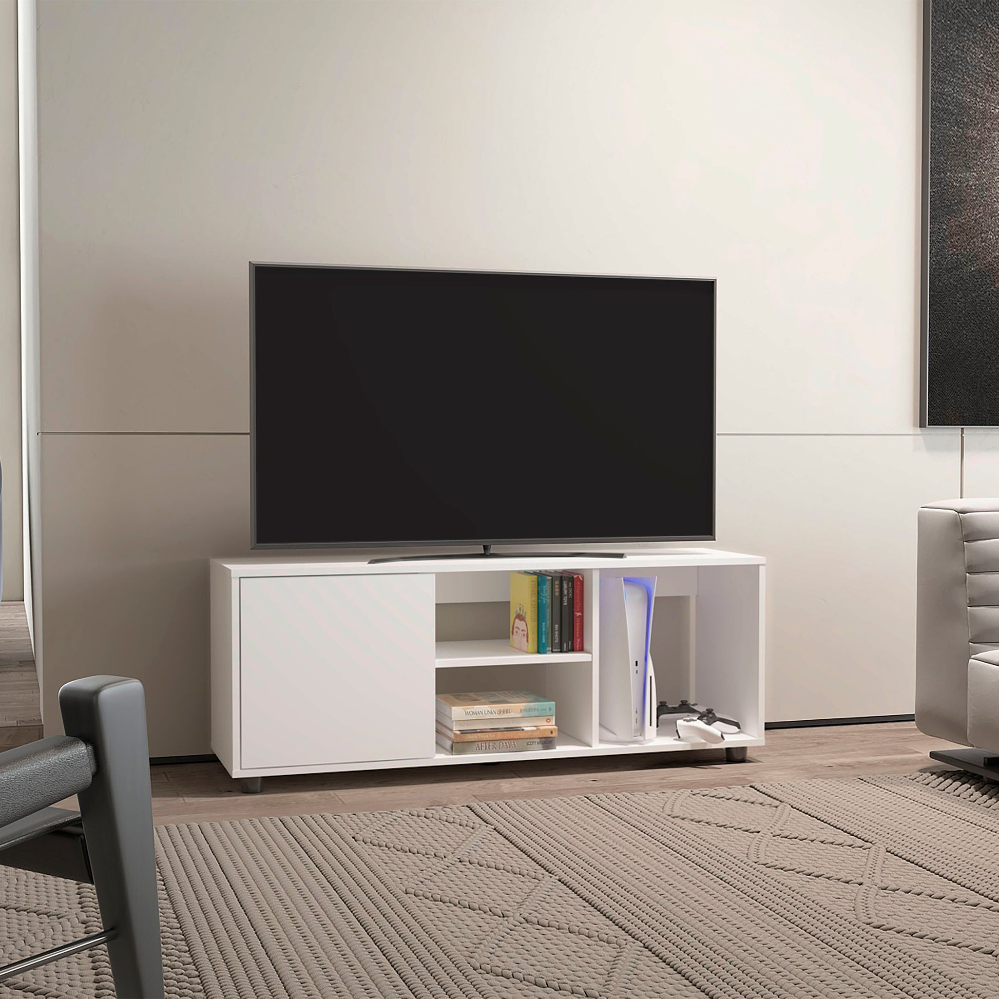 Tv Stand, 1 Door, 4 Shelves, 55" TV Capacity