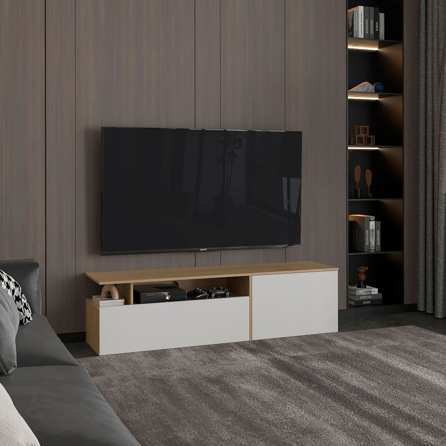 Tv Stand 60" TV Capacity,2 Doors, 4 Shelves