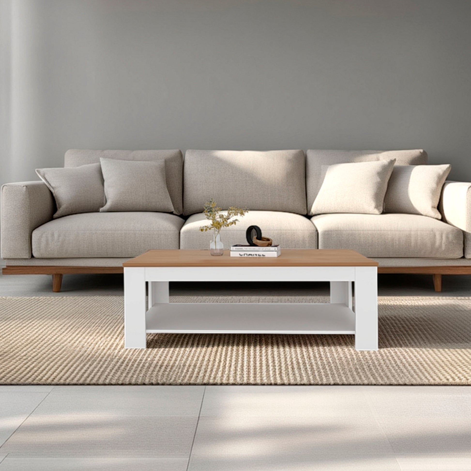 Coffee Table 16.20" H, 1 Shelf, White / Natural Oak - Living Room