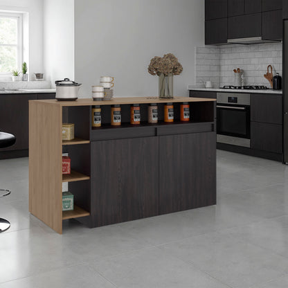 Elgin Kitchen Bar Counter with Ample Storage and Shelves, Black Wengue / Natural Oak