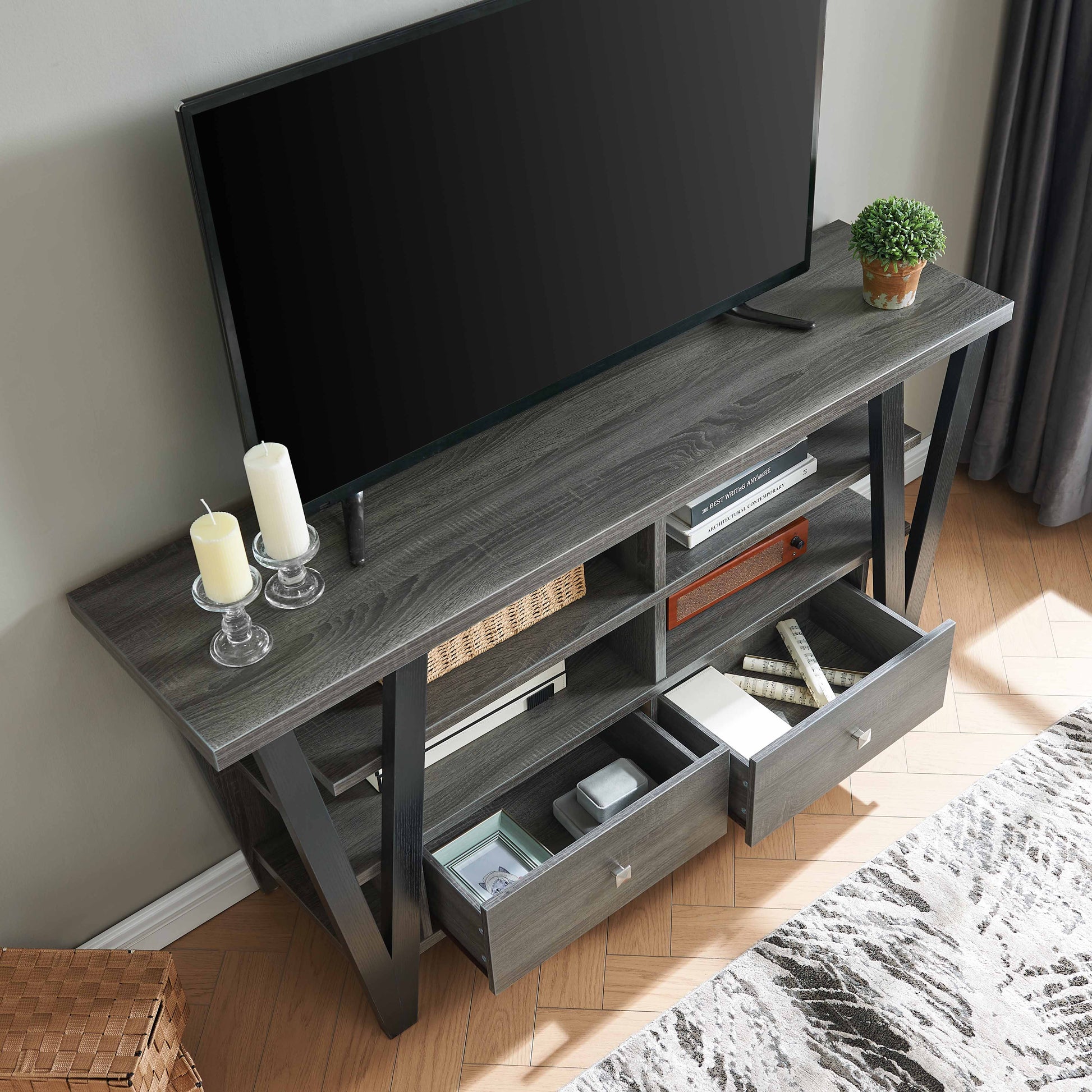 60-69 Inch TV Stand Grey Black Particle Board