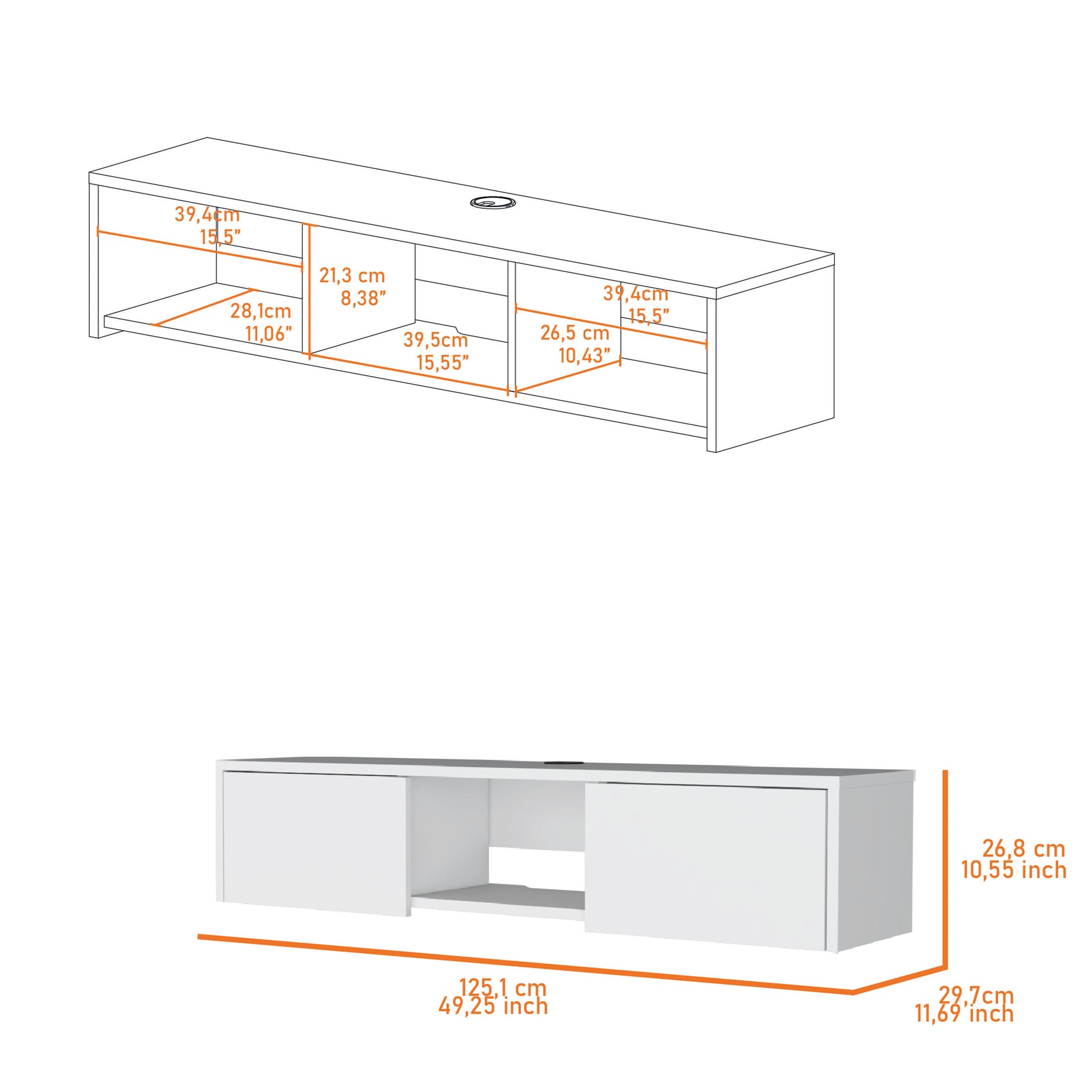 White Floating TV Wall Unit with Storage and Cable Management for Living Room