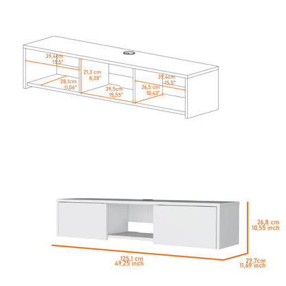 White Floating TV Wall Unit with Storage and Cable Management for Living Room