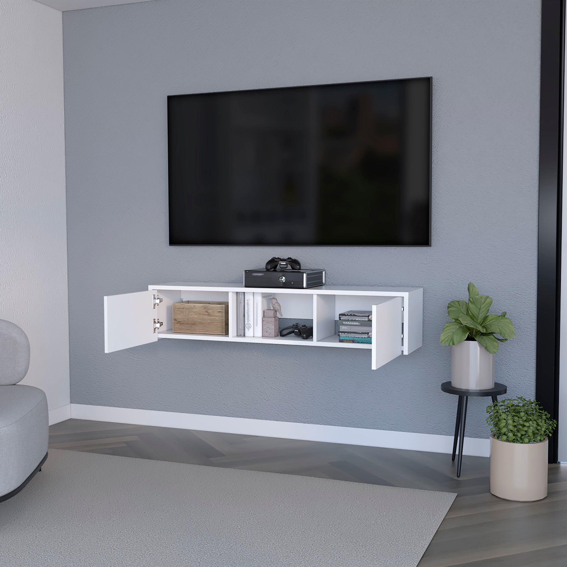 White Floating TV Wall Unit with Storage and Cable Management for Living Room