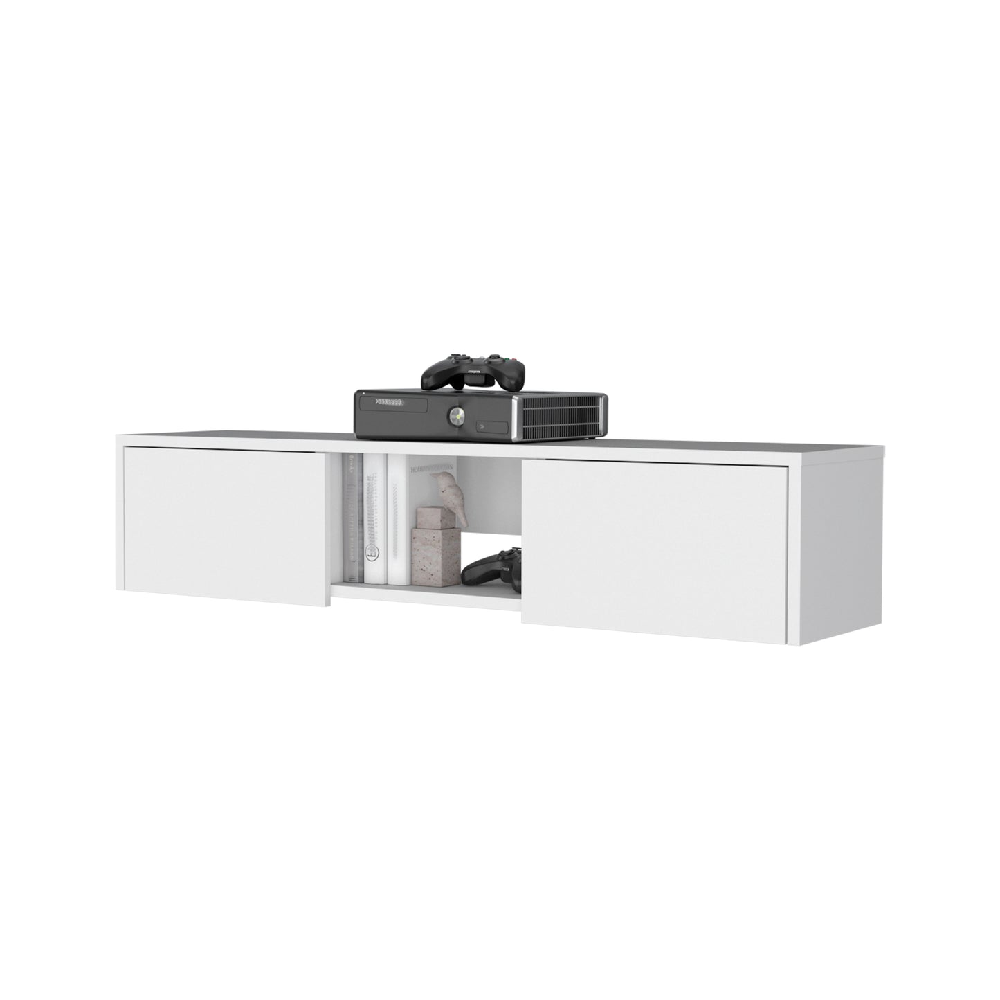 White Floating TV Wall Unit with Storage and Cable Management for Living Room