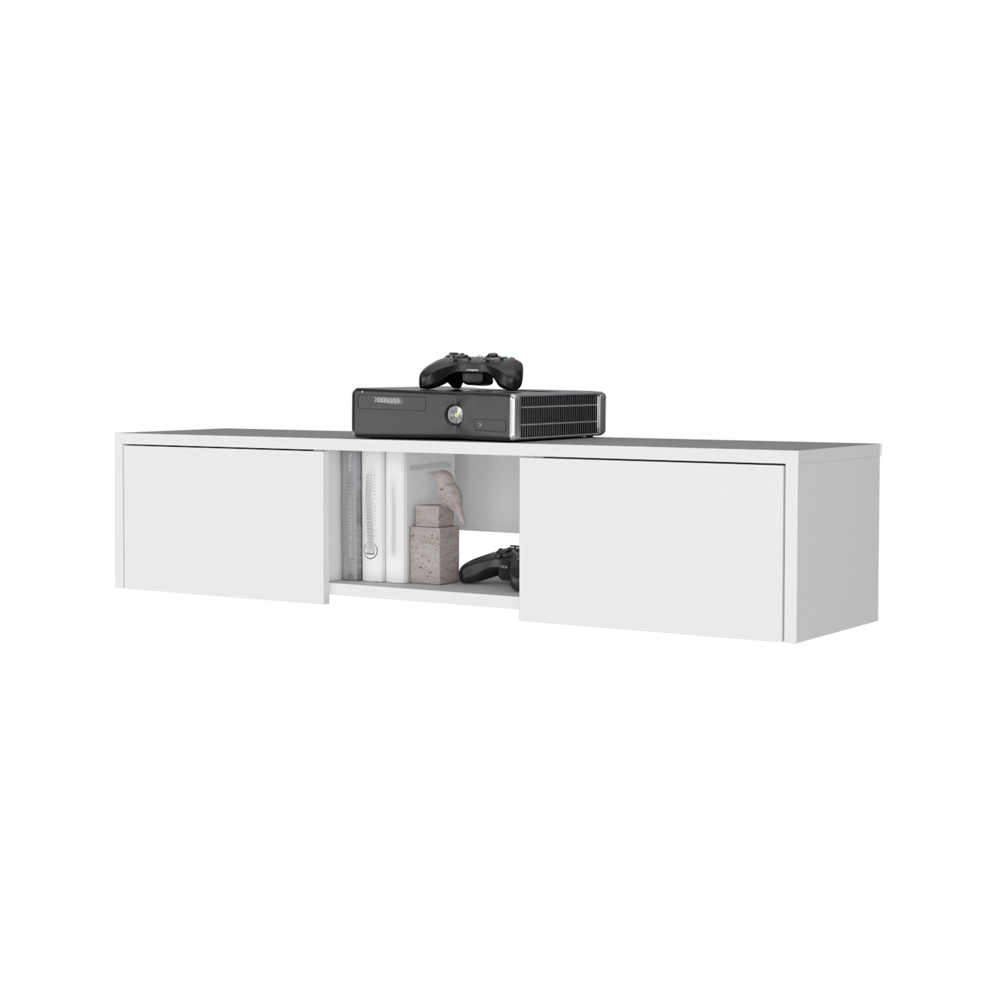 White Floating TV Wall Unit with Storage and Cable Management for Living Room