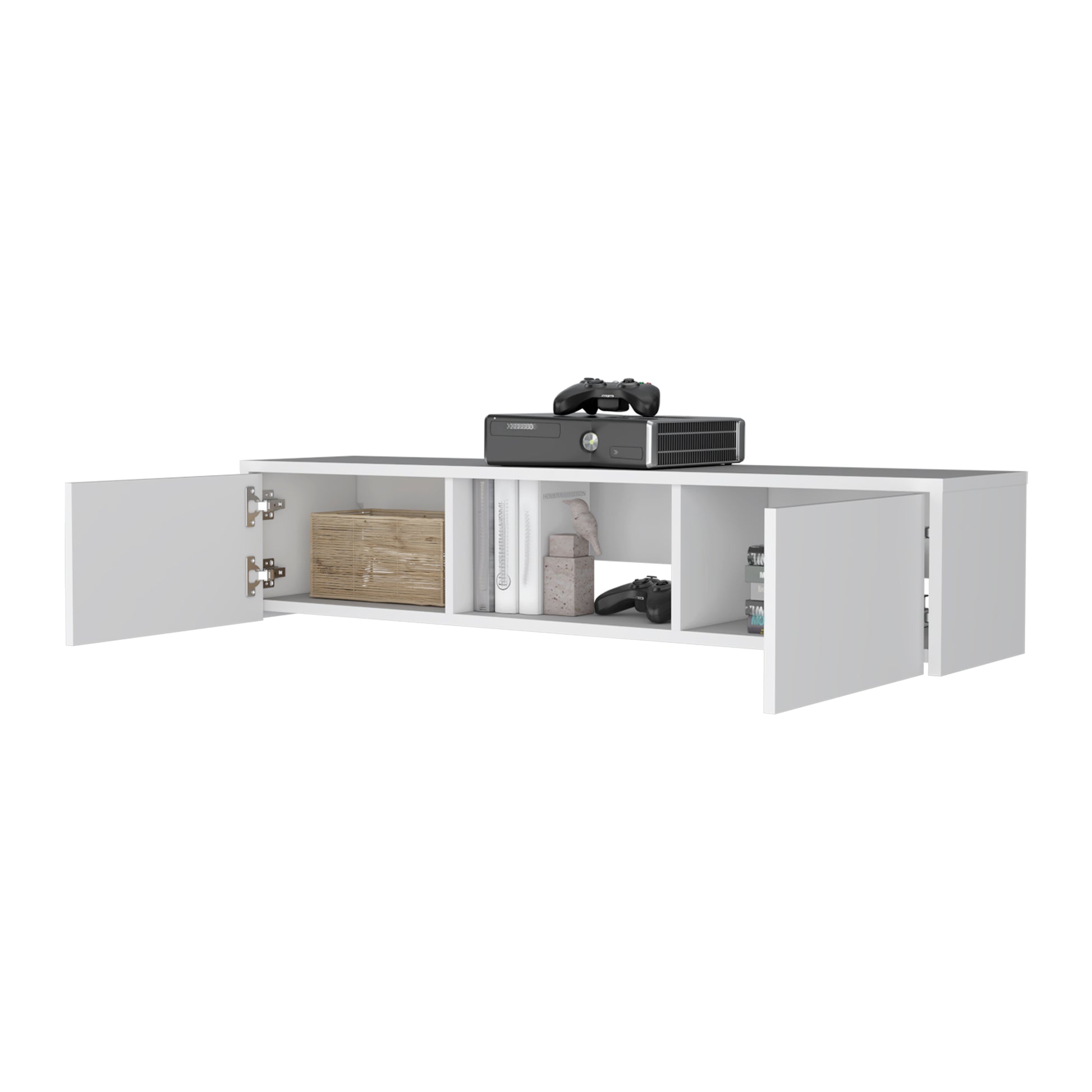 White Floating TV Wall Unit with Storage and Cable Management for Living Room