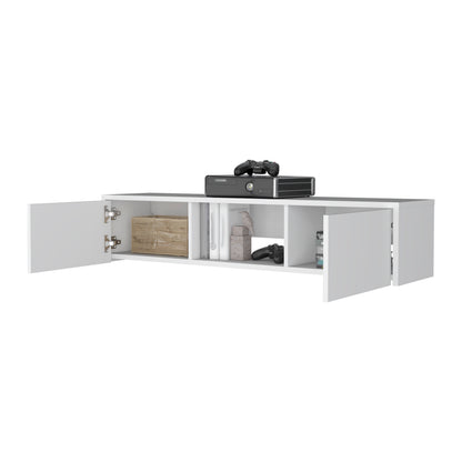 White Floating TV Wall Unit with Storage and Cable Management for Living Room