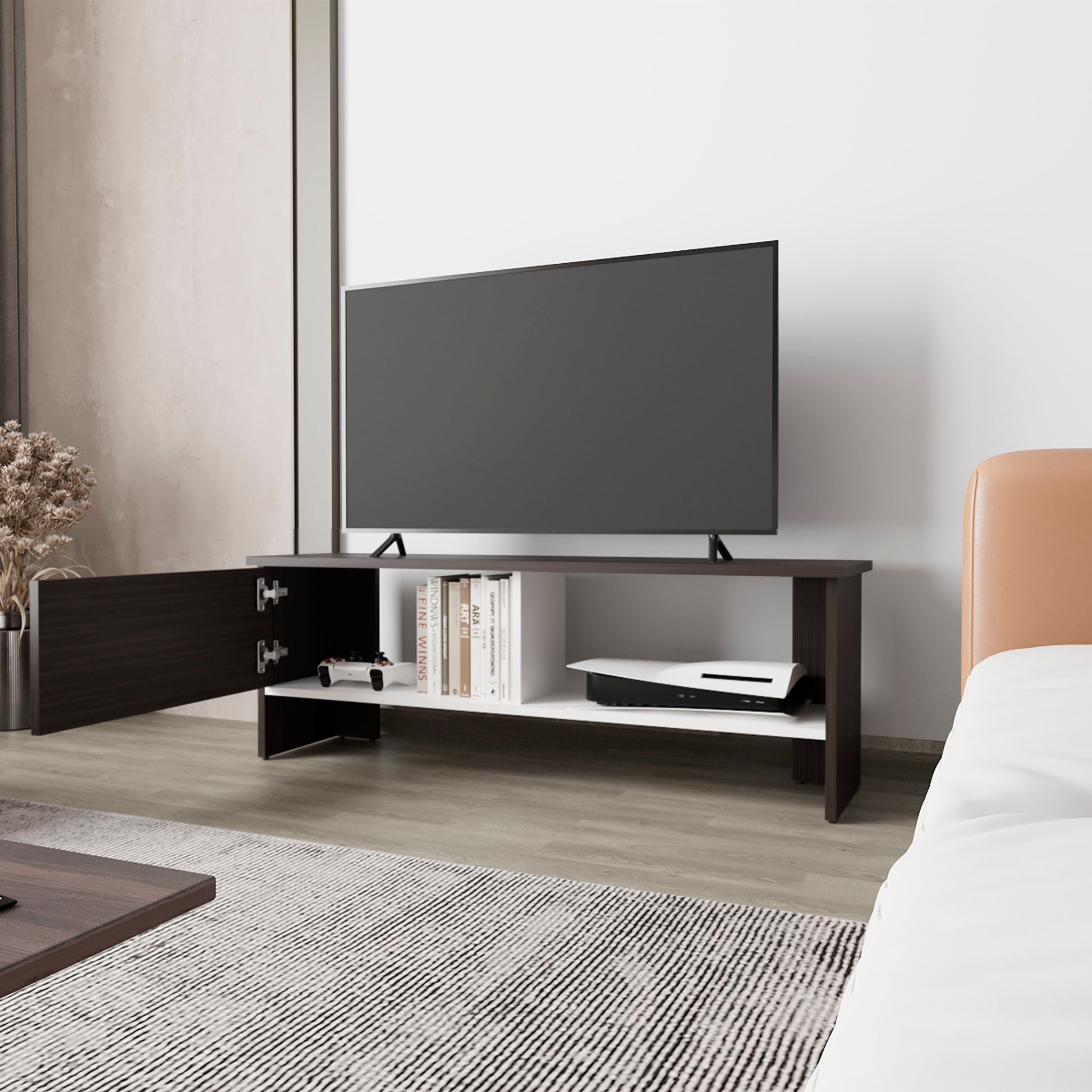 Small Multicolor TV Stand with Particle Board Shelves for Living Room