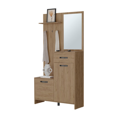 Light Oak Hall Tree with Mirror & Storage Shelves