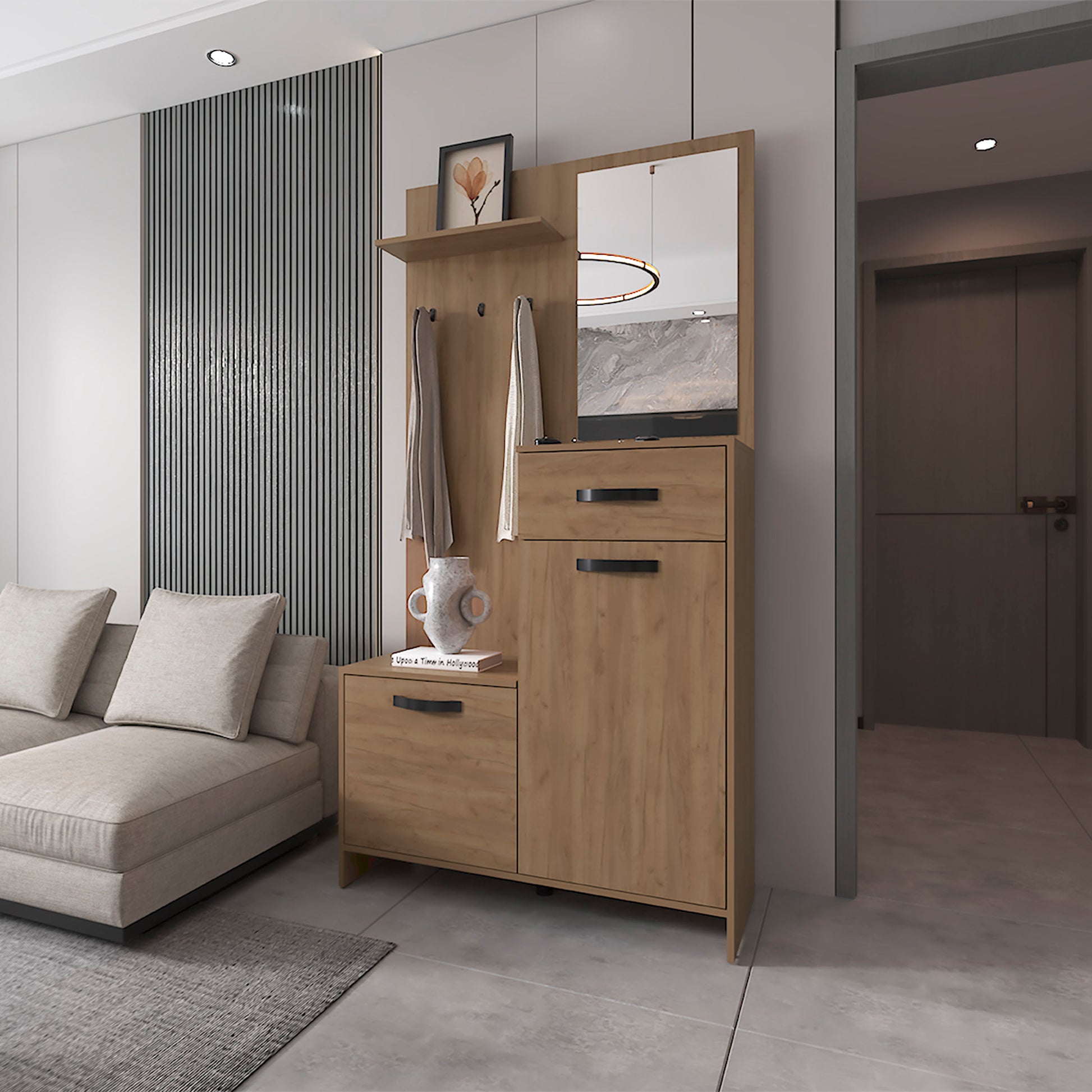 FM FURNITURE Elko Hall Tree Multistorage with a Mirror. Natural Oak