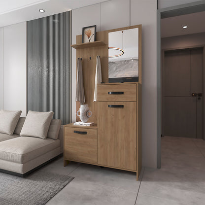 FM FURNITURE Elko Hall Tree Multistorage with a Mirror. Natural Oak