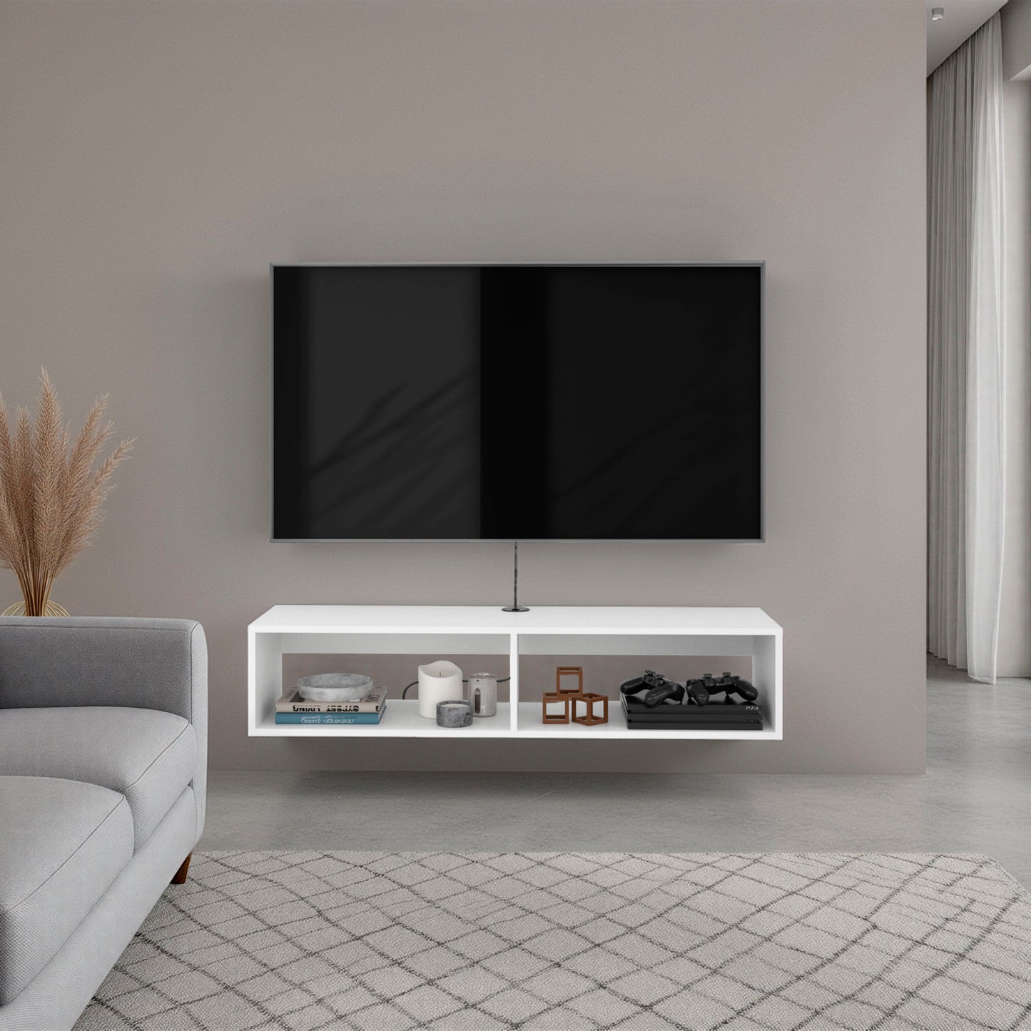 Arctic Floating White TV Stand with Open Shelves for Storage, Modern Design, White
