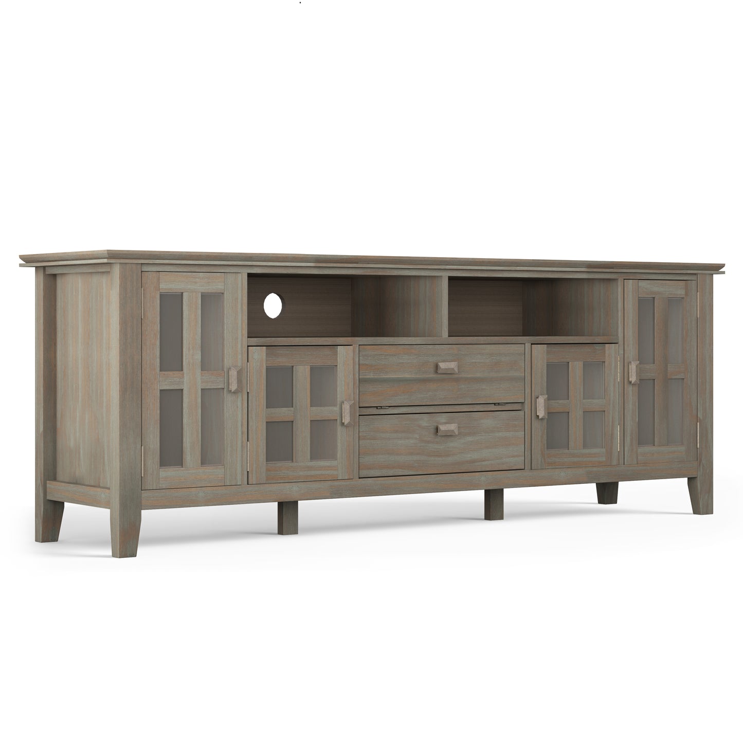 Artisan 72 inch Wide Solid Wood TV Stand in Distressed Grey For TVs up to 80 inches