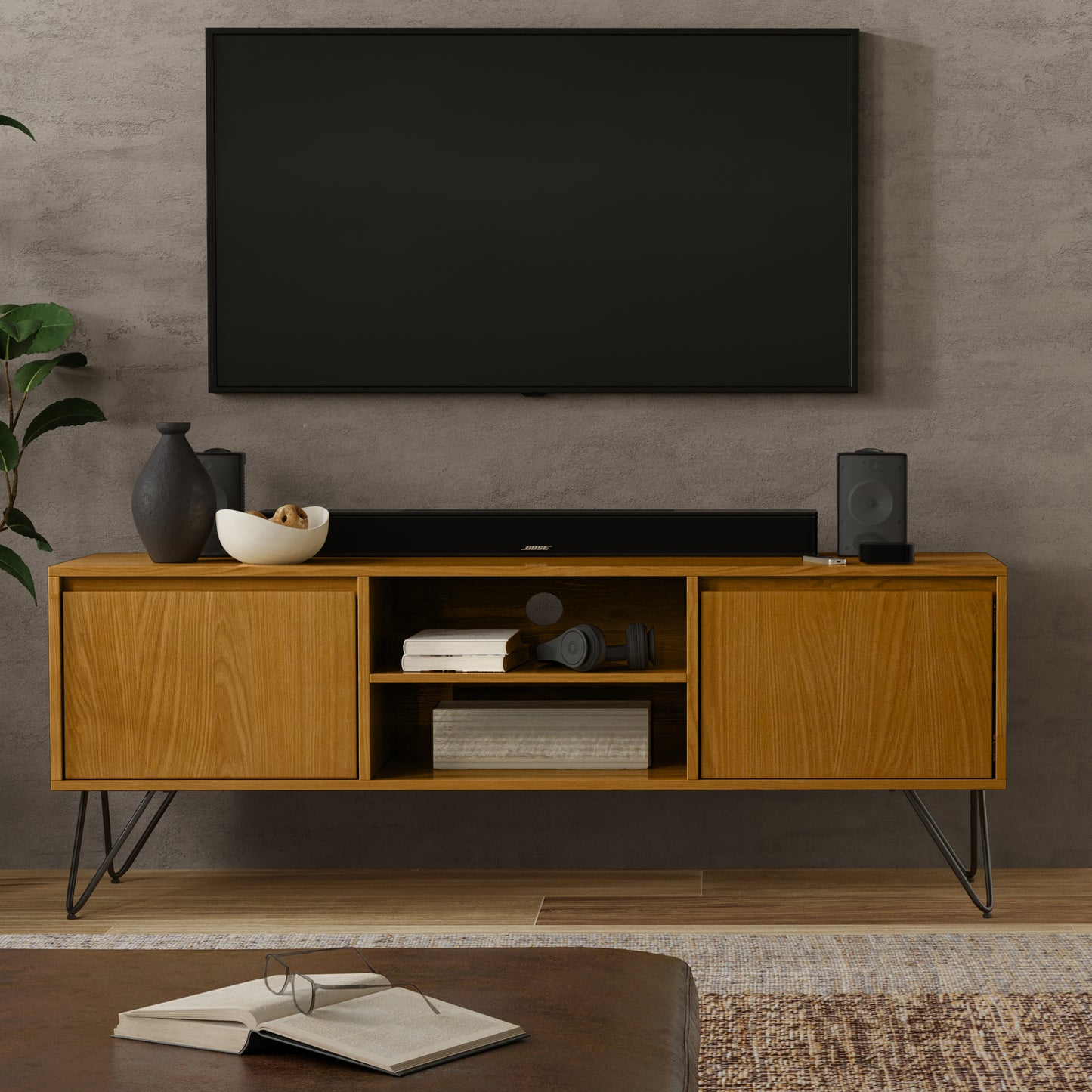 Hunter 60 inch Wide TV Stand in Oak Veneer For TVs up to 65 inches