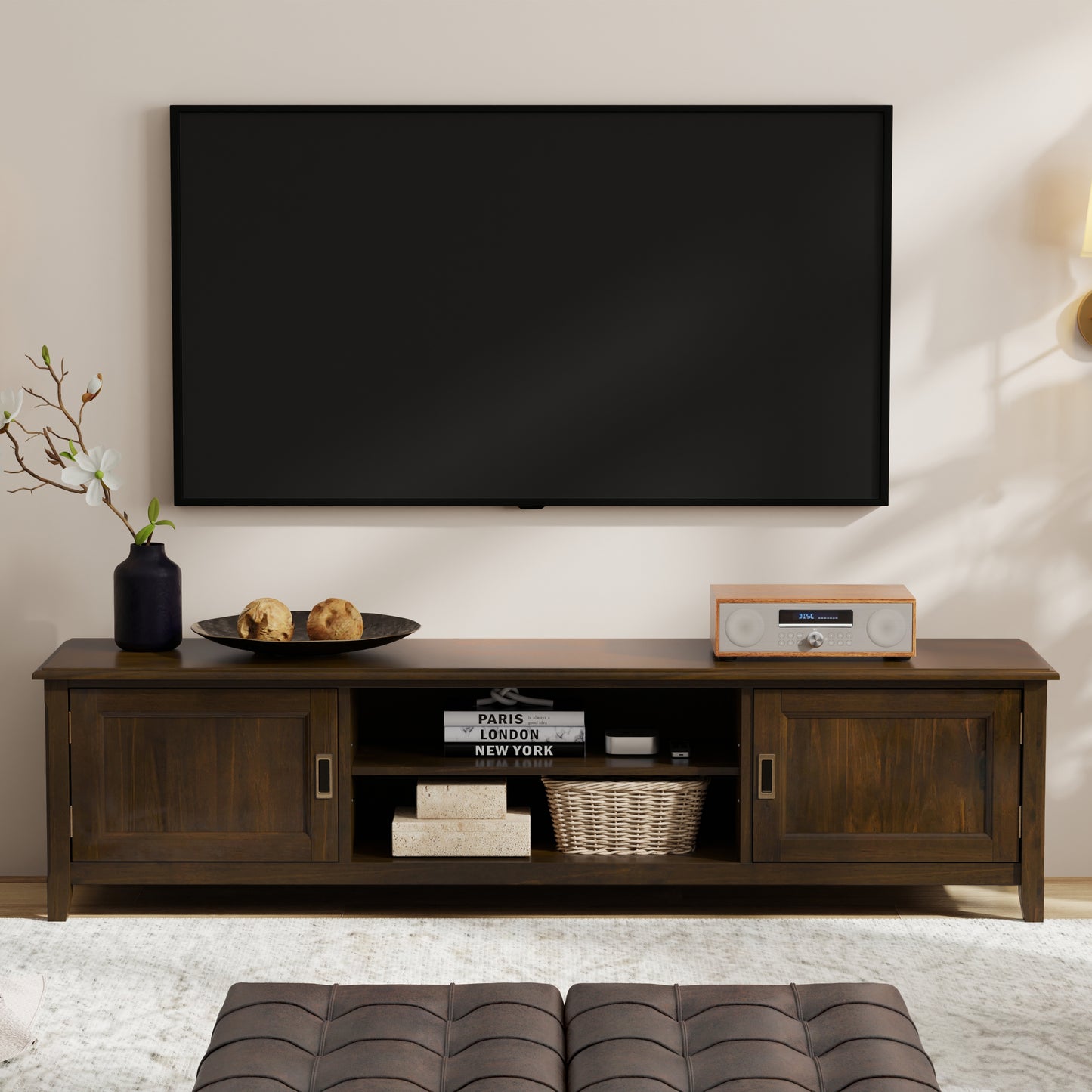 Burlington 72 inch Wide Solid Wood Low TV Stand in Mahogany Brown For TVs up to 80 inches