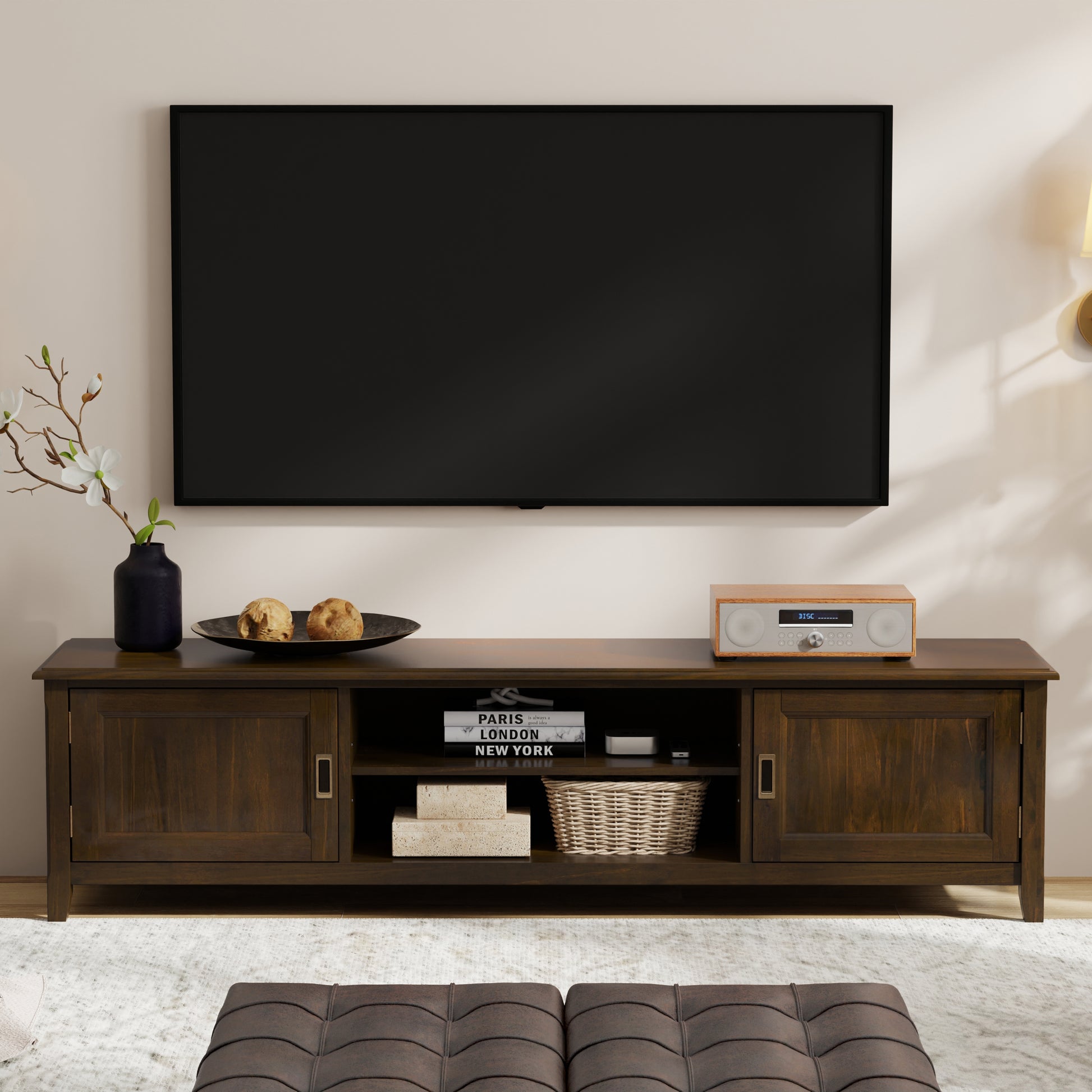 Burlington 72 inch Wide Solid Wood Low TV Stand in Mahogany Brown For TVs up to 80 inches