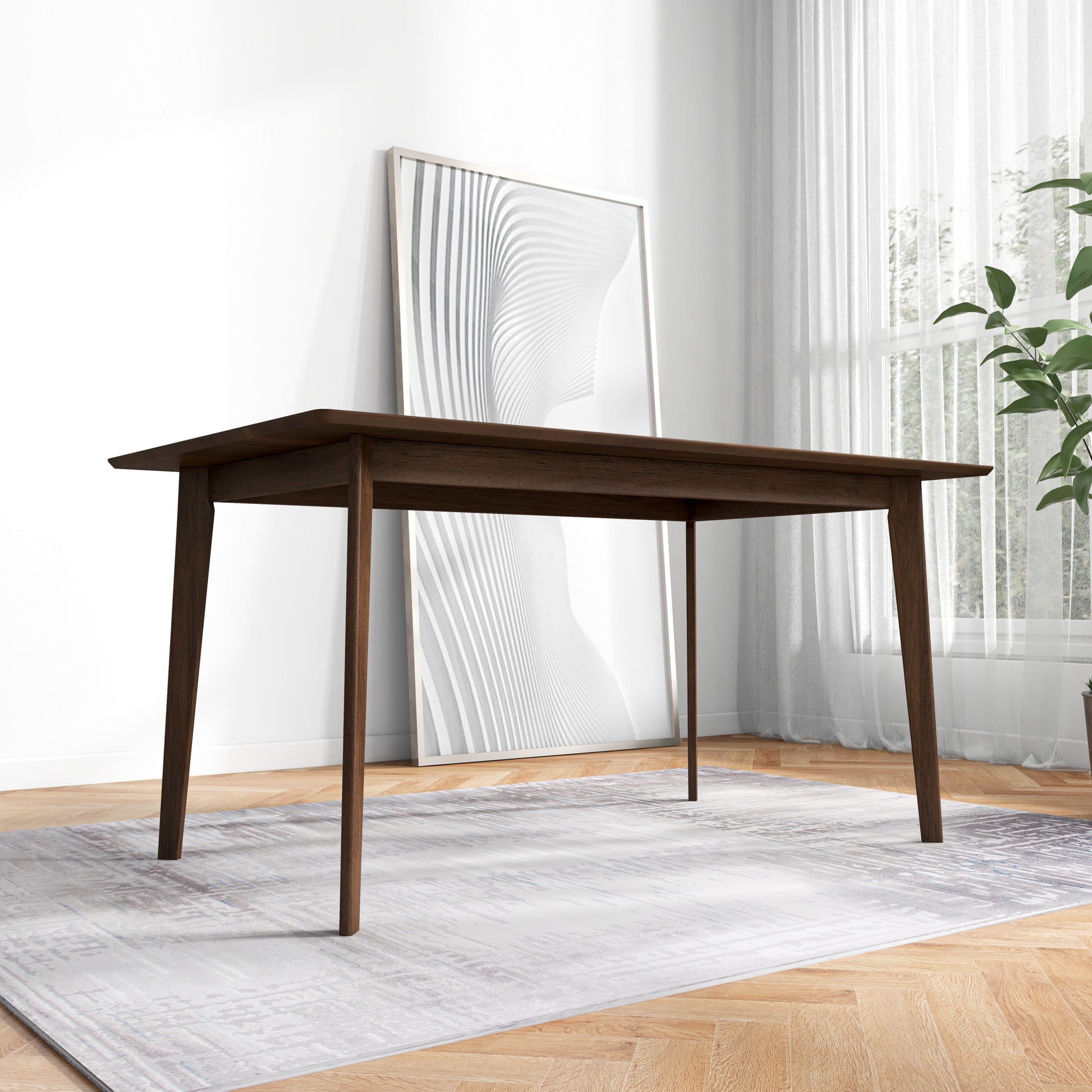 Mid-Century Modern Solid Wood Dining Table, Brown Stain, Seats 6