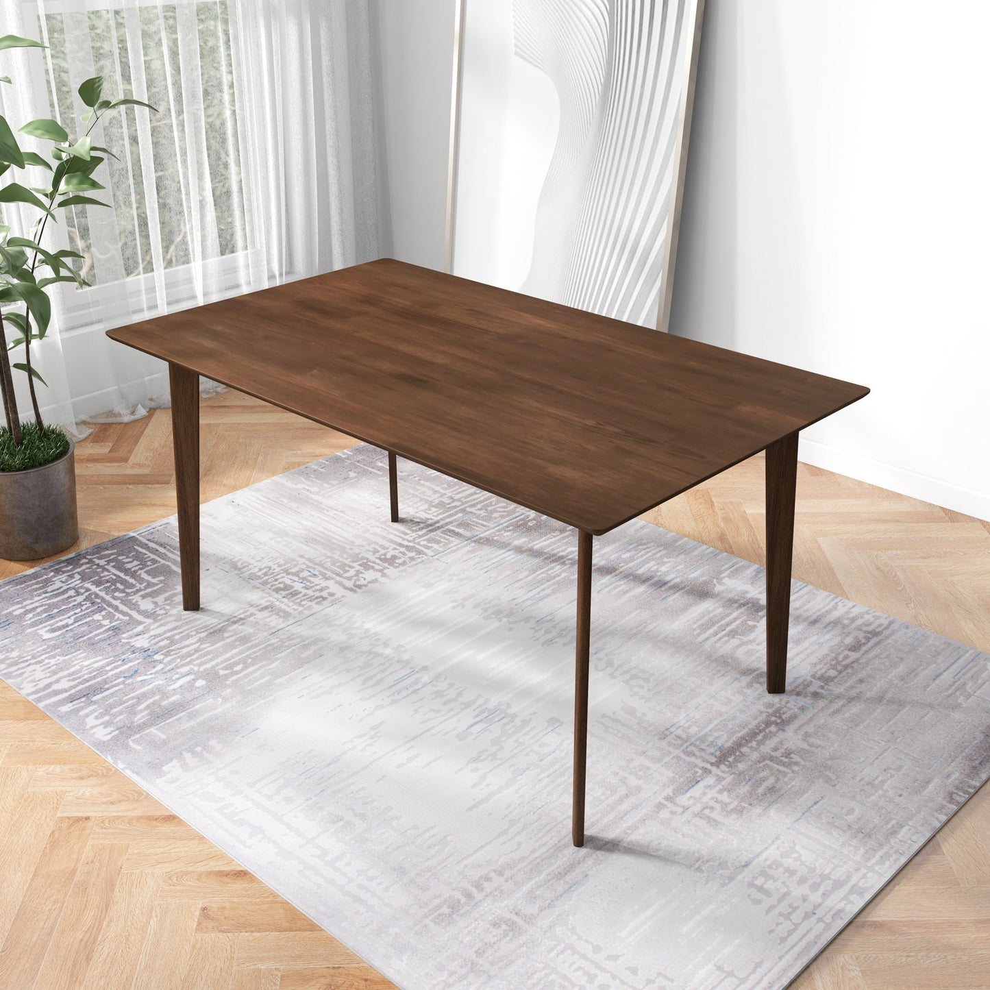 Mid-Century Modern Solid Wood Dining Table, Brown Stain, Seats 6